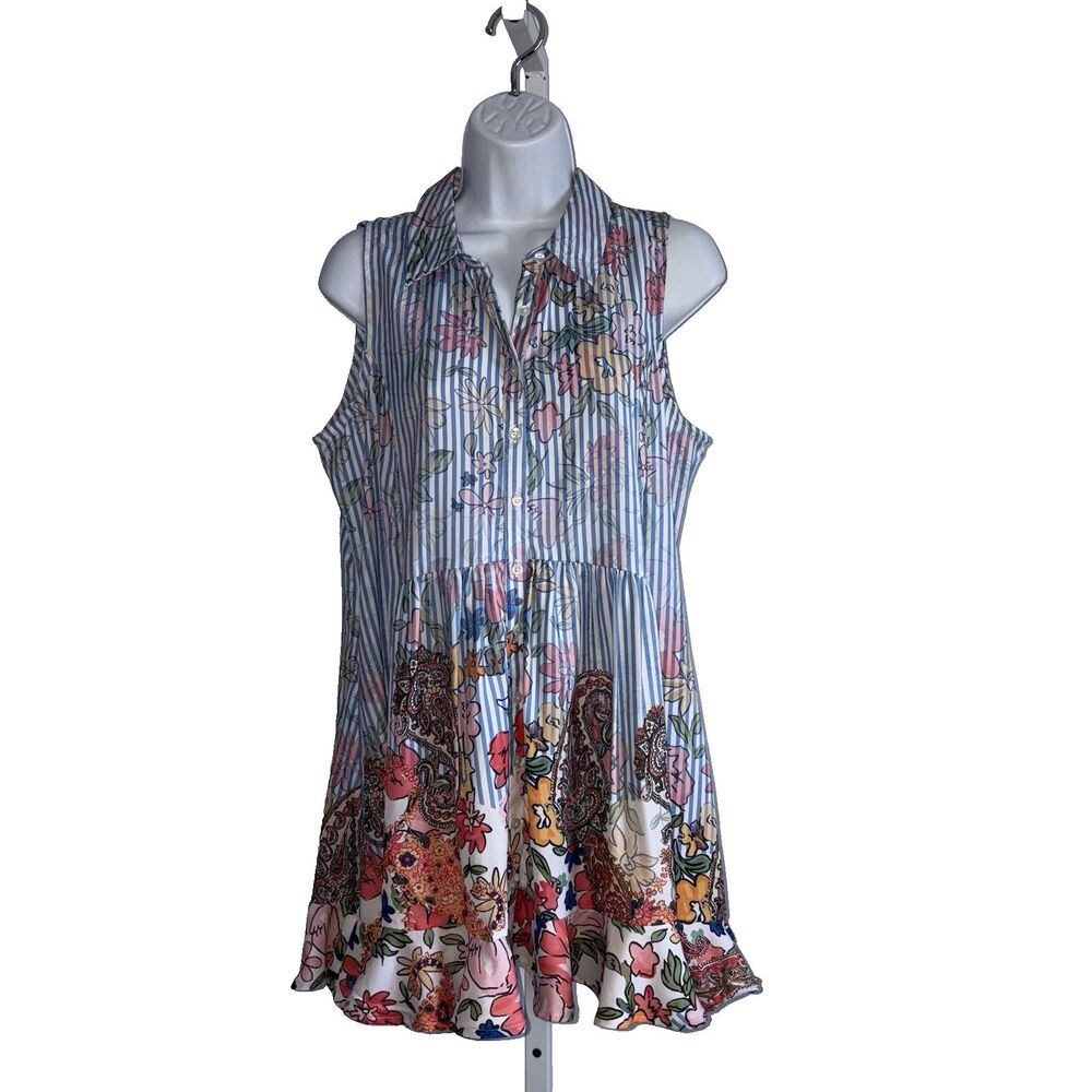 Tolani Collection Tunic Top With Pockets Stripe Floral Print Ruffle Hem XXS